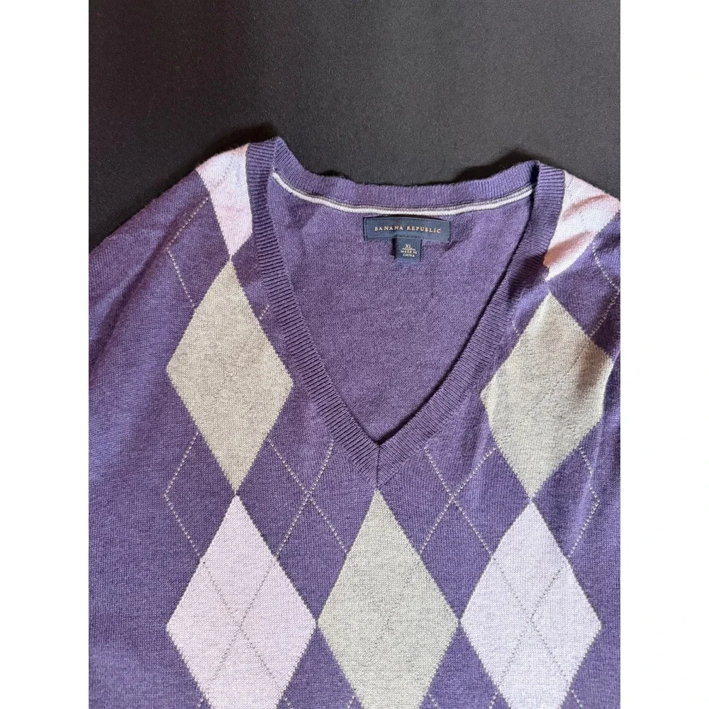 Banana Republic Men Purple Argyle Silk Cashmere Blend Sweater XL Y2K Preppy Golf